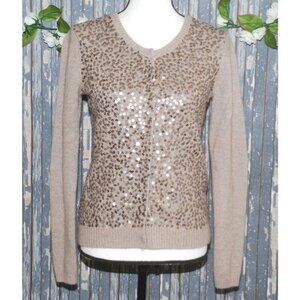 Ann Taylor Ladies Brown Snap Button Front Sequin Sweater Size M Stretch Career